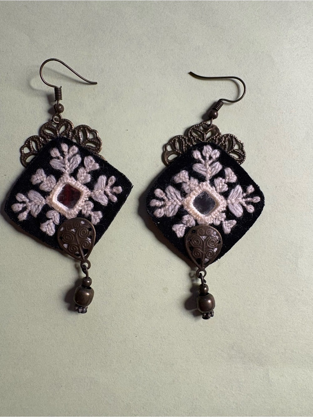 Handmade Black and white Embroidered Drop Earrings